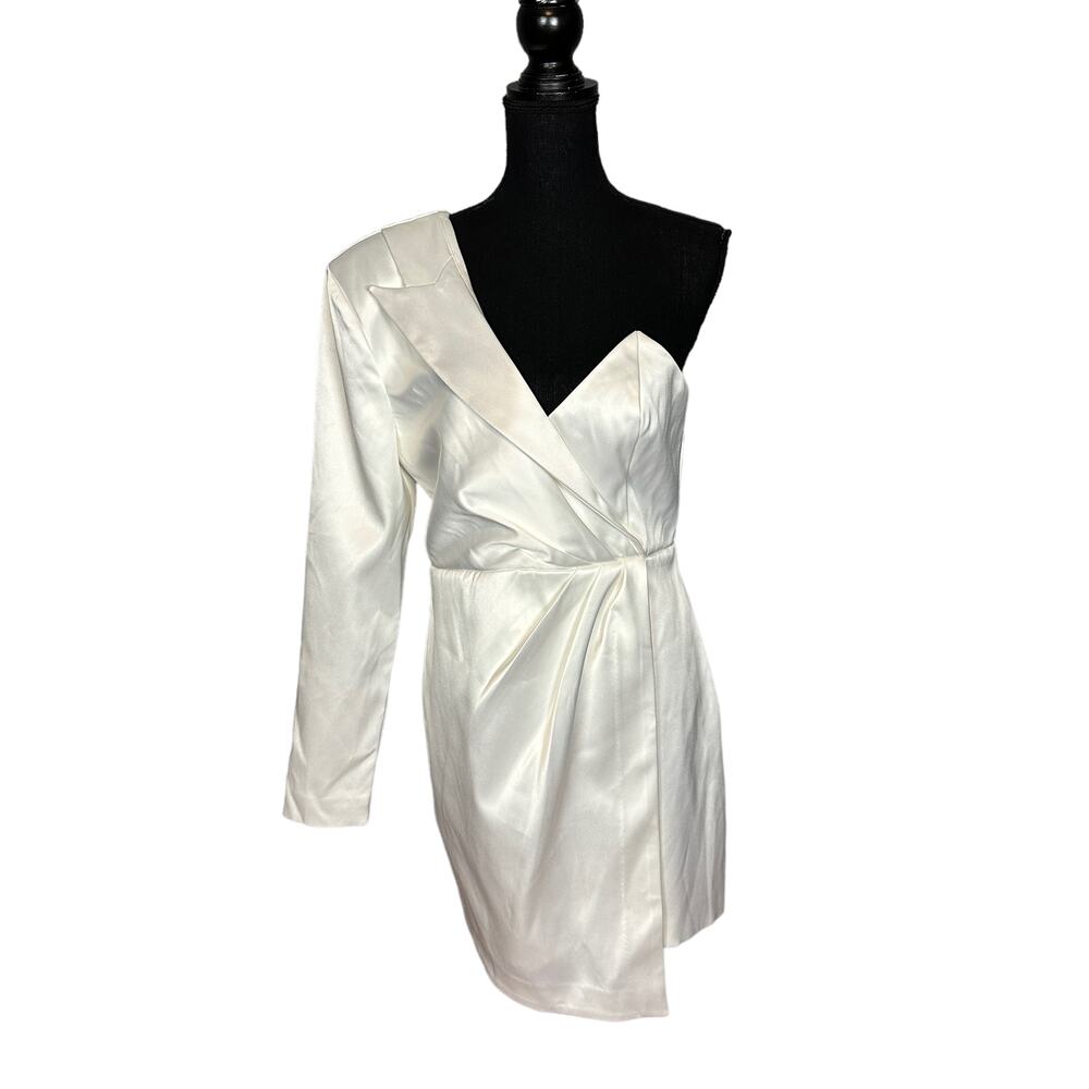 NBD White Satin Mini Dress LARGE Bridal One Shoulder Bustier Cocktail $238 NEW - Picture 4 of 9